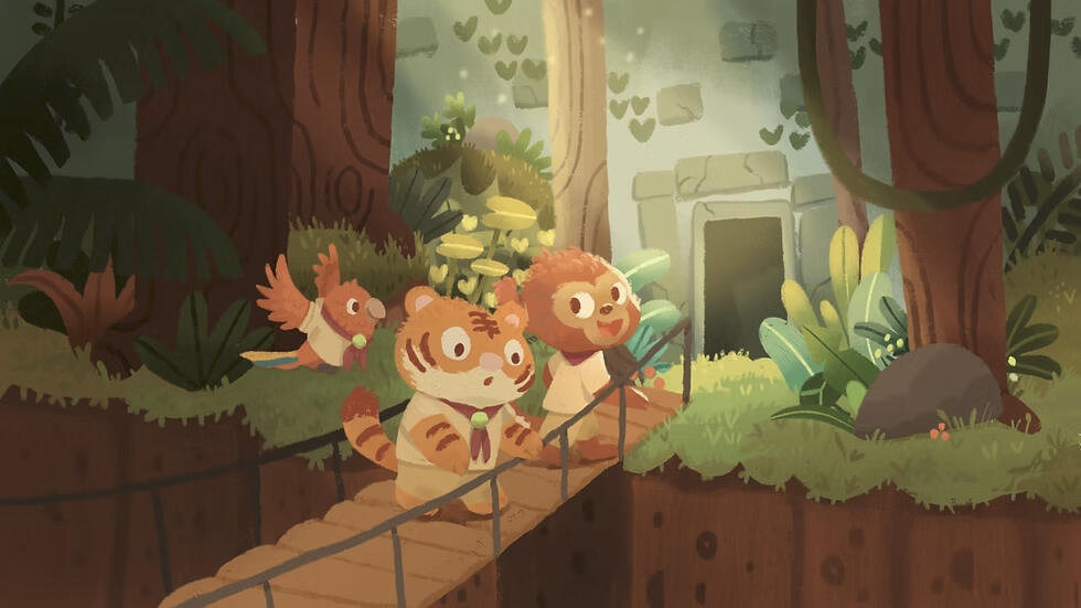 Three friends: a monkey, a tiger and a bird are crossing a bridge, the monkey is leading his friend tiger who is a bit scared