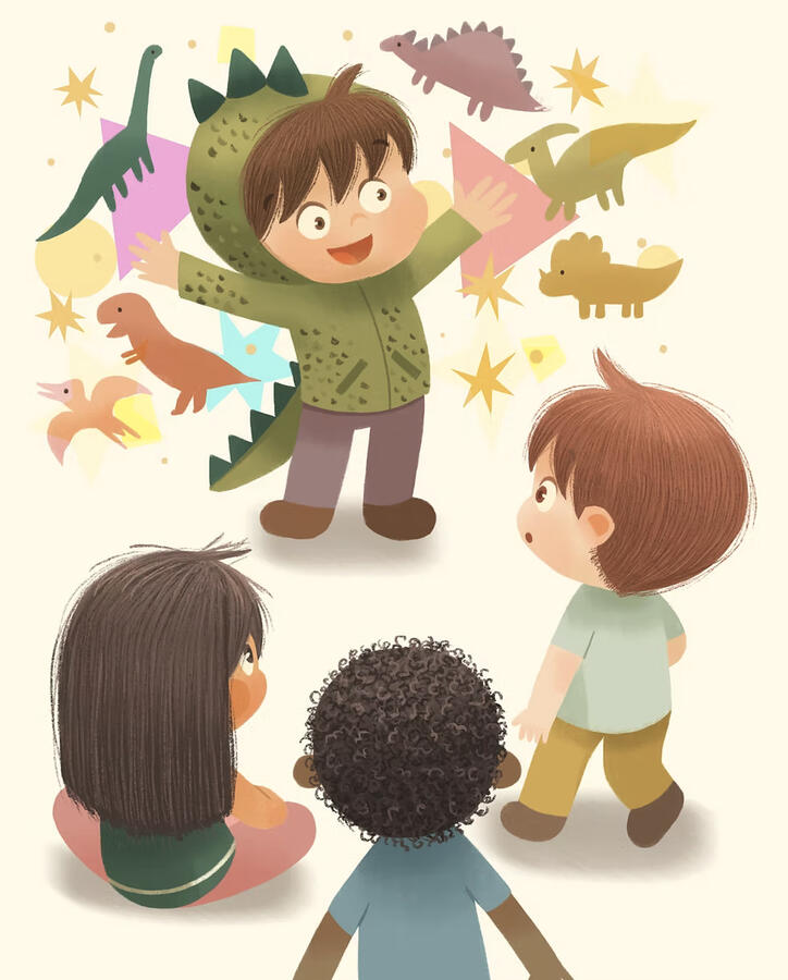 A boy explaining his special interest (dinosaurs) to his three friends