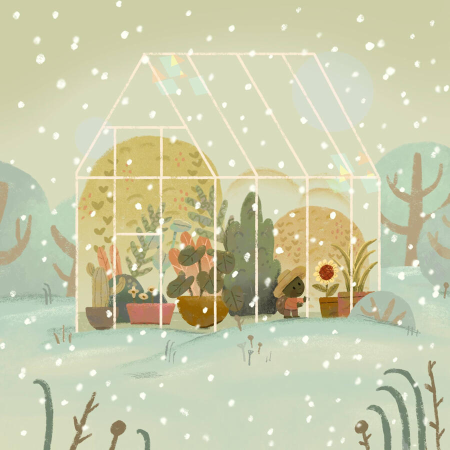 A turtle in his greenhouse filled with plants, while it is snowing outside