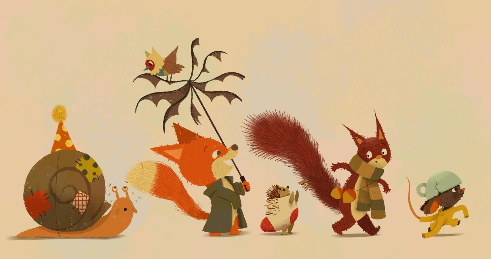 An animal parade with a mouse leading the march, a squirrel behind being pinched by a hedgehog which is apologizing, followed by a fox who is laughing at the scene, a bird and a snail catching up behind