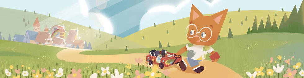 A cat artist leaving a town with painted murals on, feeling happy about their work done