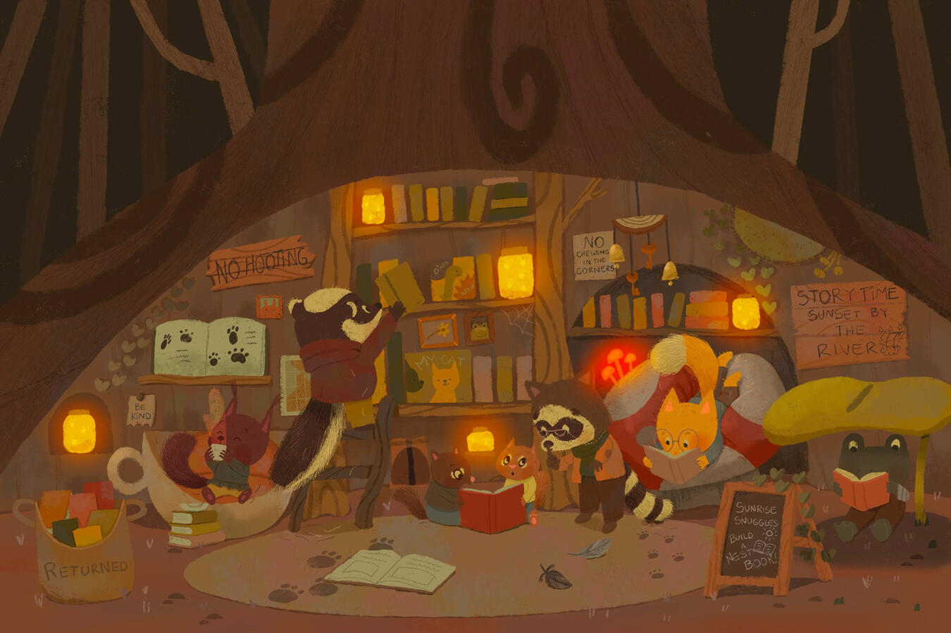 A cozy library under a tree, lighted by light bugs in jars, where some animals are reading and playing