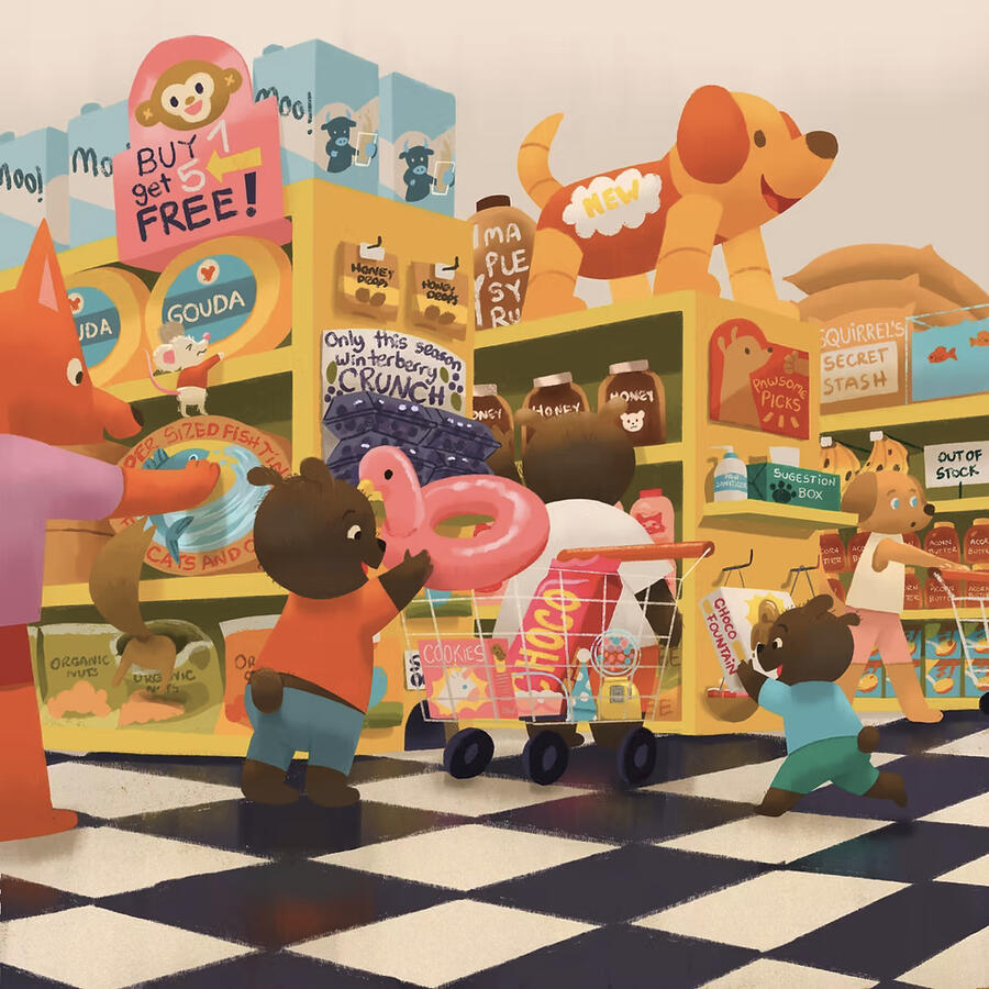 A bear family trying to make their shopping while their cubs fill the cart with all they can find.