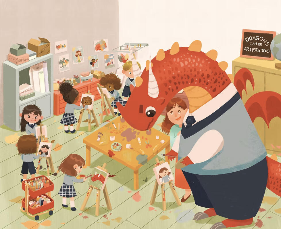 An art classroom with the children painting in pairs, with a dragon in the class also painting.