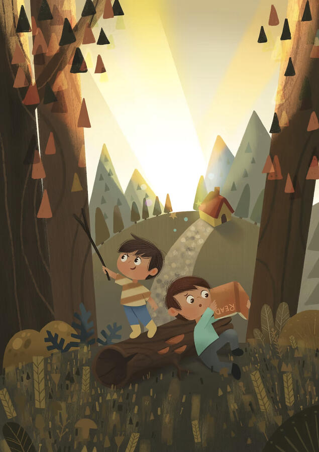Two boys playing in the forest