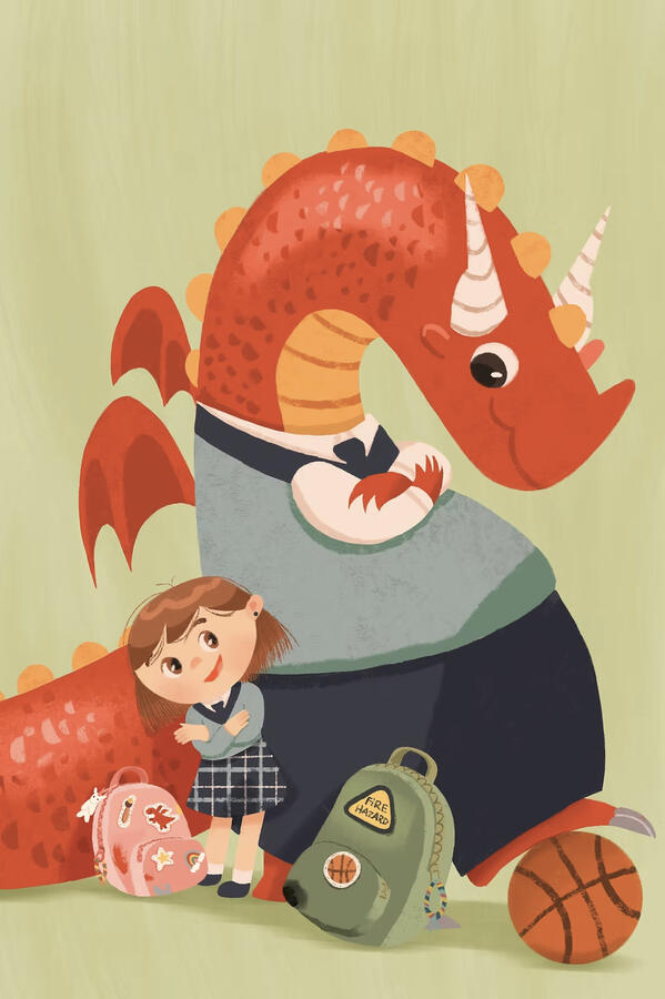 Two best friends: a girl and a dragon, posing for their school photo