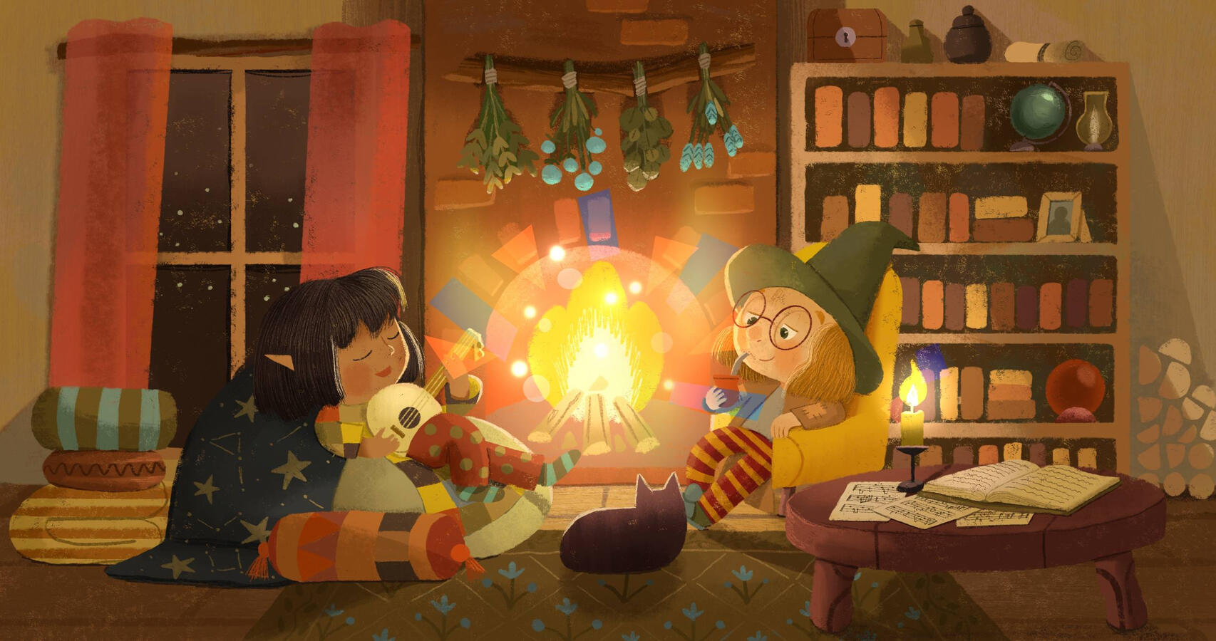 Two friends hanging by the fire in a cozy cabin, one is playing music in the mandolin and the other one is drinking mate, there's a cozy cat in front of the fire