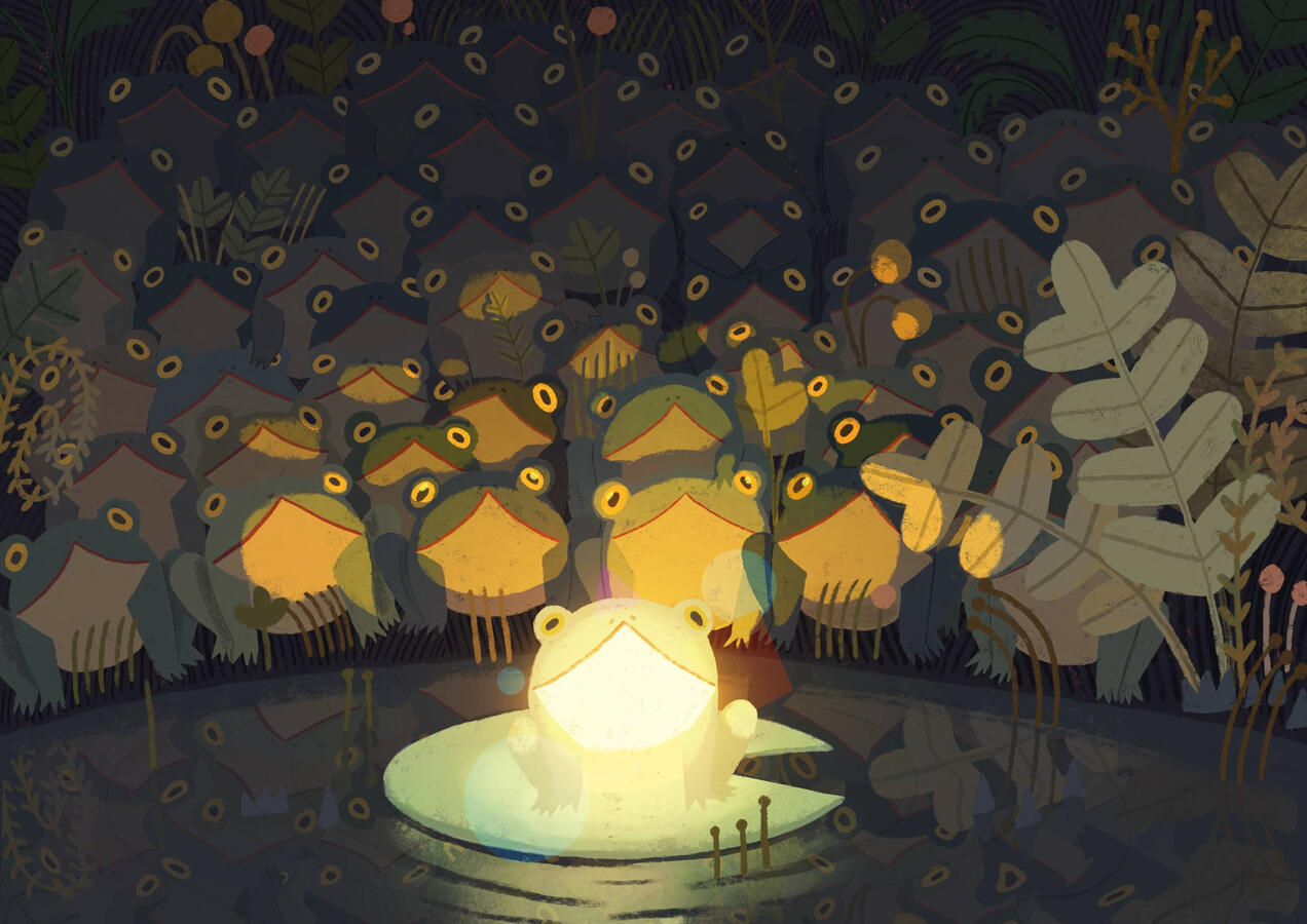 A lot of frogs reunited looking at a glowing frog