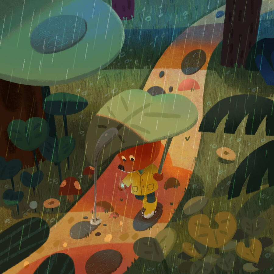 A fox walking down the rain with a leaf umbrella, looking at his paw that is beggining to glow