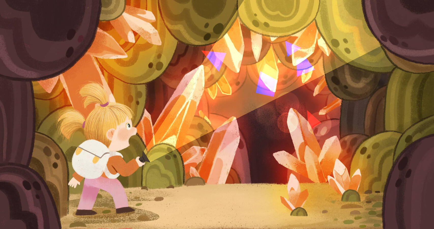 A girl entering a crystal cave and seeing it for the first time